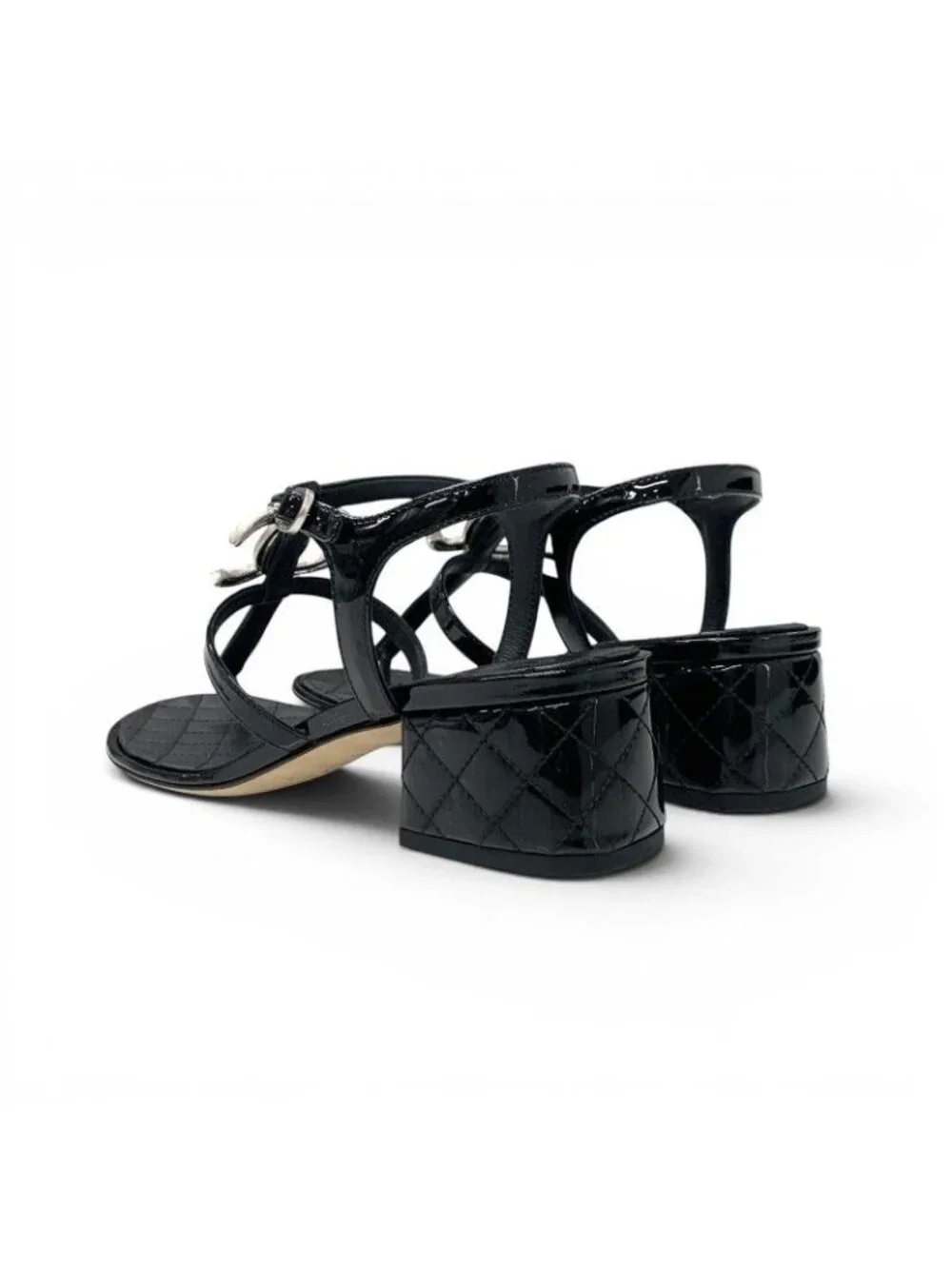 Chanel Sandals Shoes Patent Black Silver CC Logo Camellia Strap Thong
